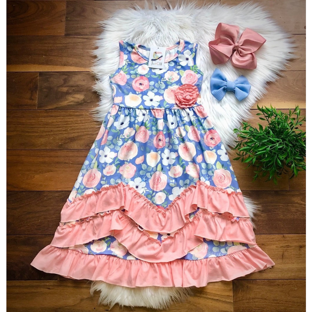 Wellington Designs Springtime Stripes & Floral Triple Ruffle Dress, Sz 18/24 NWT